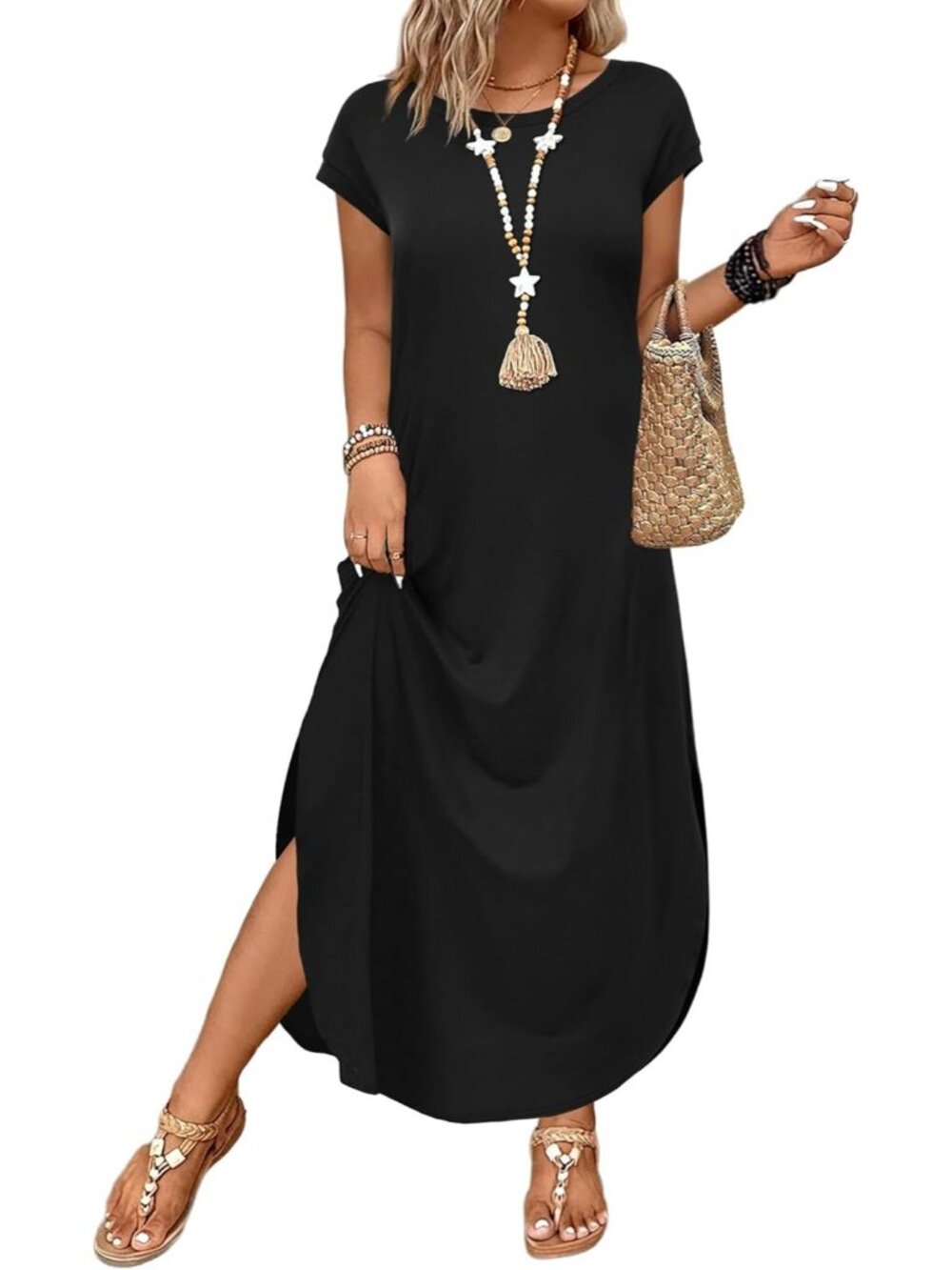 Women's Black Summer Cap Sleeves Crewneck Beach Casual Maxi Dress with Pockets - Picture 2 of 5